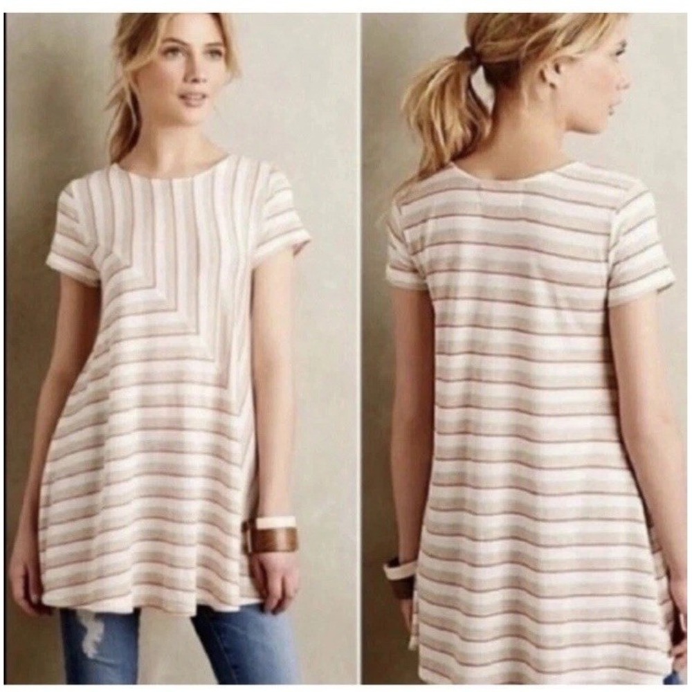 Anthropologie Puella Short Sleeve Striped Swing Tunic‎ Top Beige Medium USA Made